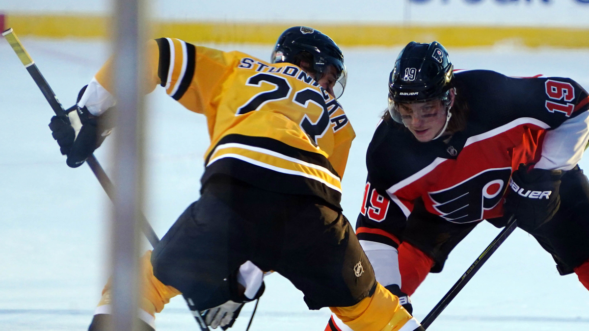 Boston Bruins center Jack Studnicka, Philadelhpia Flyers center Nolan Patrick