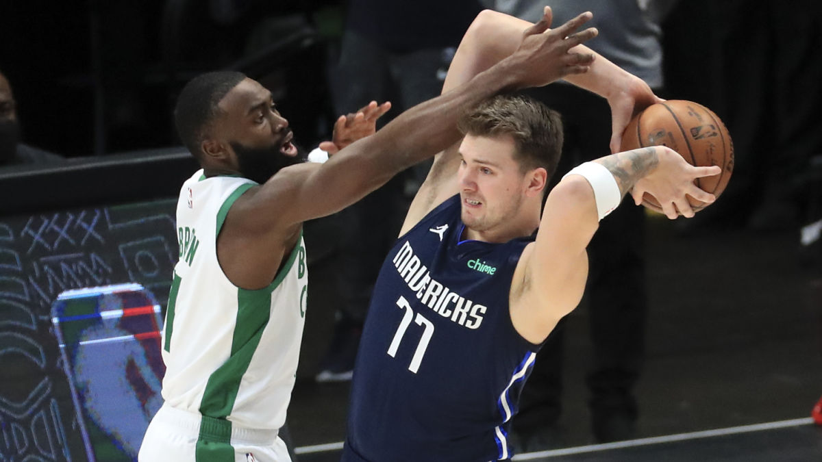 Boston Celtics guard Jaylen Brown and Dallas Mavericks guard Luka Doncic