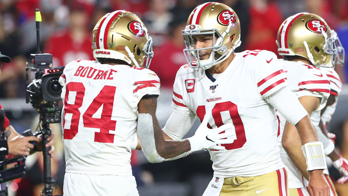 New England Patriots wide receiver Kendrick Bourne and San Francisco 49ers quarterback Jimmy Garoppolo