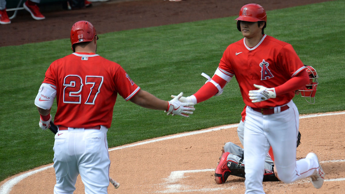 Los Angeles Angels outfielders Mike Trout, Shohei Ohtani