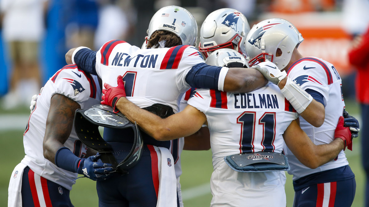 Patriots wide receiver N'Keal Harry, QB Cam Newton, wide receiver Julian Edelman