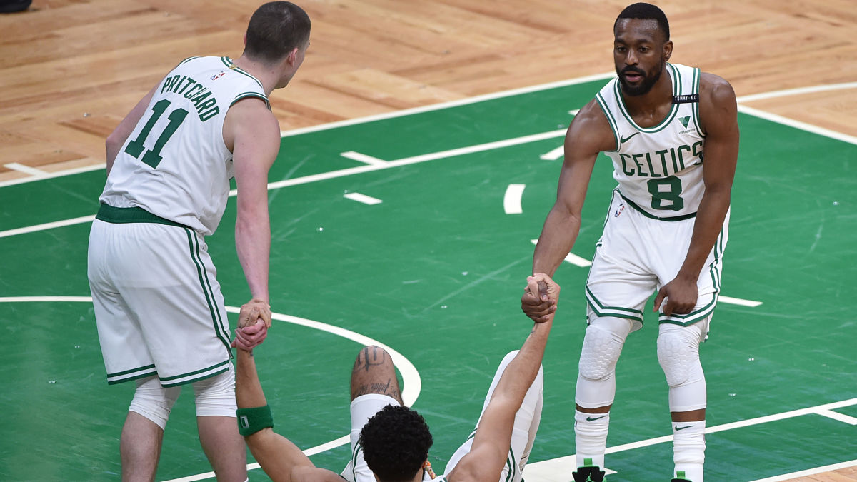 Boston Celtics guards Payton Pritchard and Kemba Walker and forward Jayson Tatum