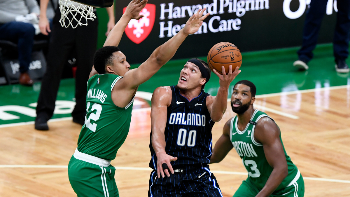 Orlando Magic forward Aaron Gordon, Boston Celtics forward Grant Williams, Tristan Thompson