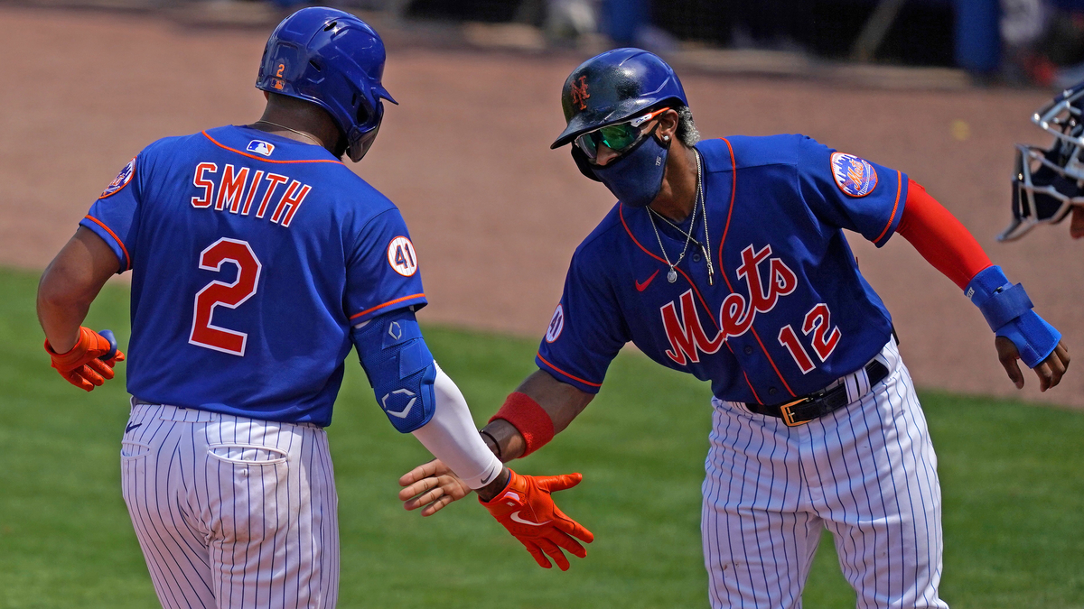 New York Mets left fielder Dominic Smith, shortstop Francisco Lindor