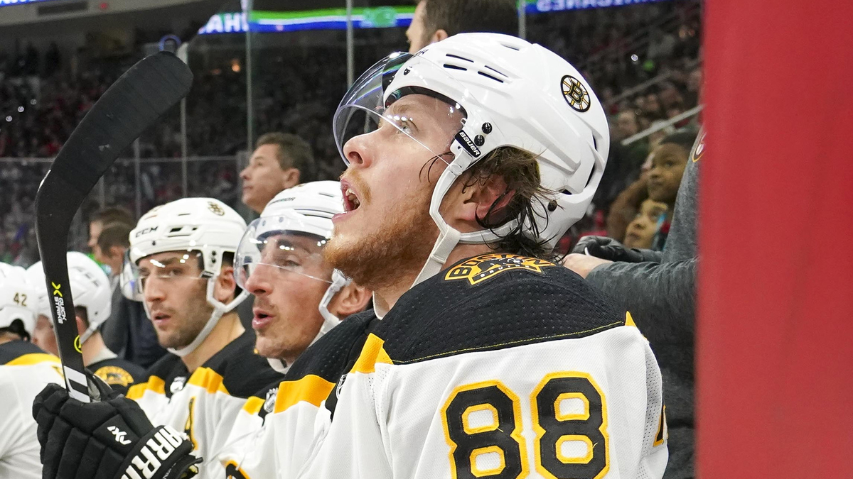 Boston Bruins forwards Patrice Bergeron, Brad Marchand, David Pastrnak