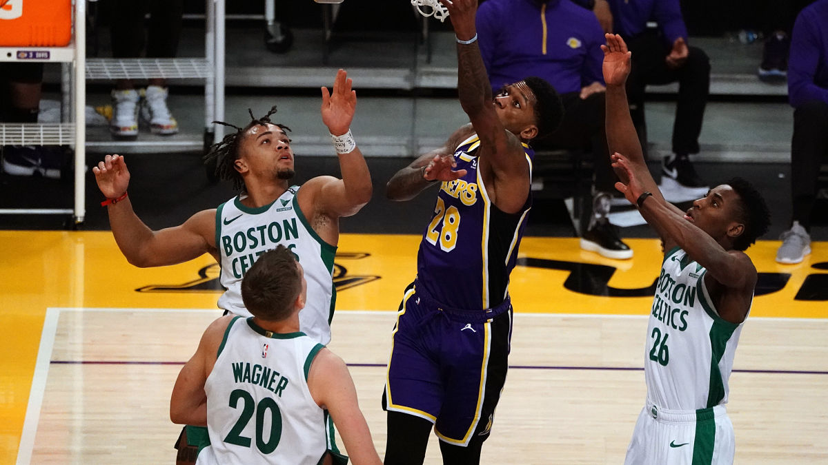Carsen Edwards, Moritz Wagner, Aaron Nesmith of the Boston Celtics