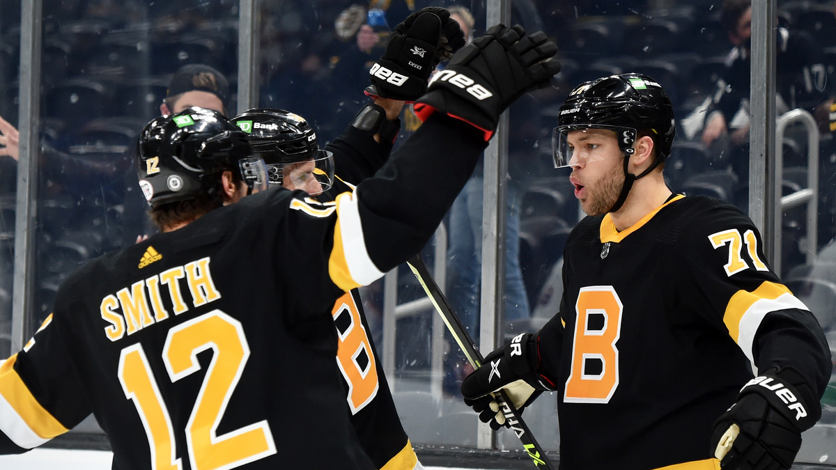 Boston Bruins Forwards Craig Smith, Taylor Hall And David Krejci