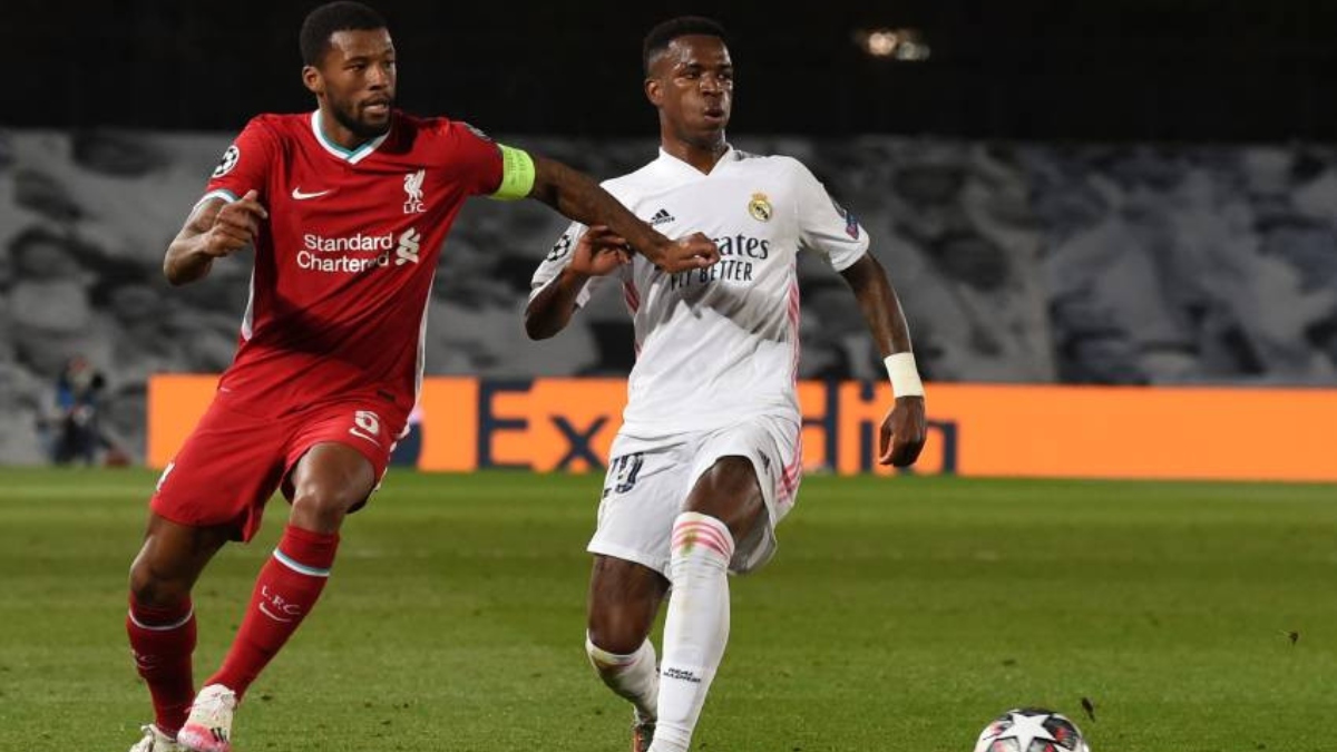 Liverpool midfielder Georginio Wijnaldum (left) and Real Madrid forward Vinicius Junior