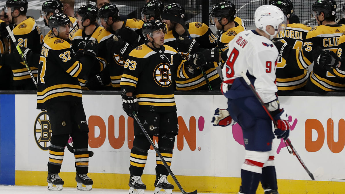 Boston Bruins center Patrice Bergeron and left wing Brad Marchand