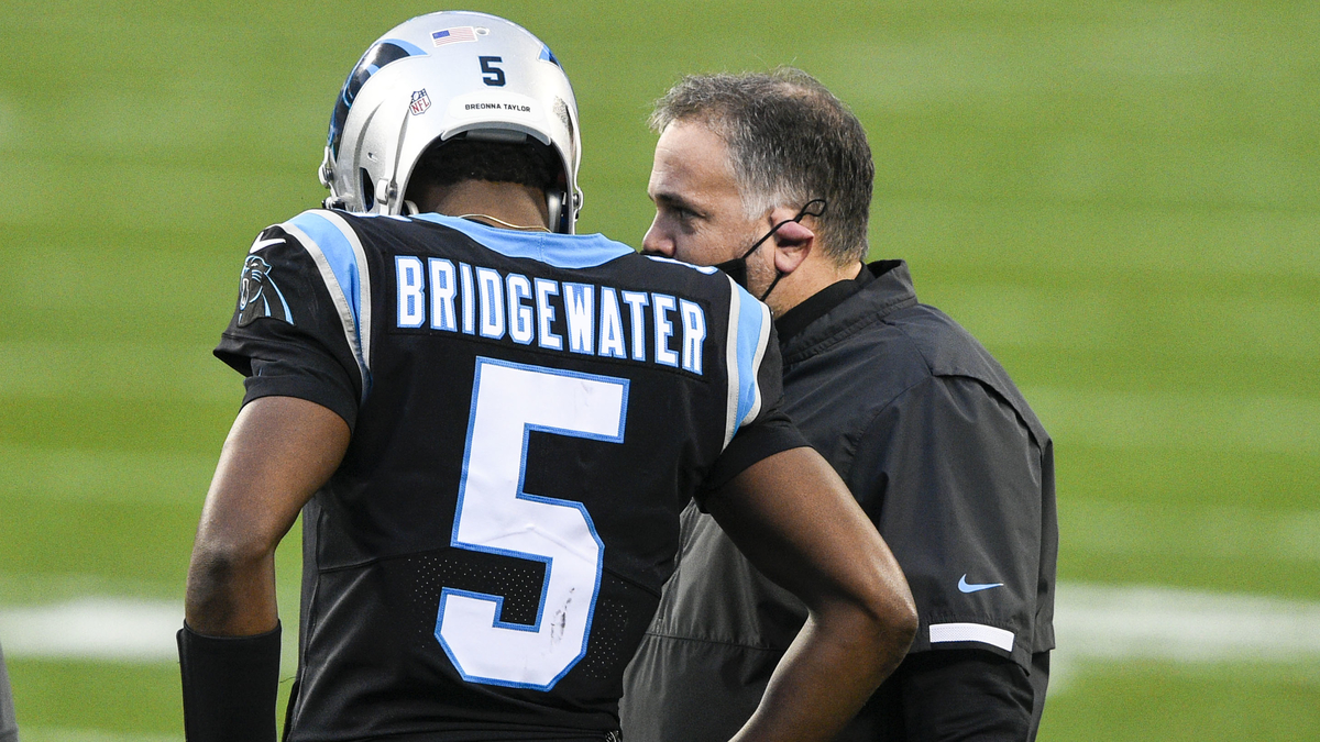 Carolina Panthers quarterback Teddy Bridgewater, head coach Matt Rhule