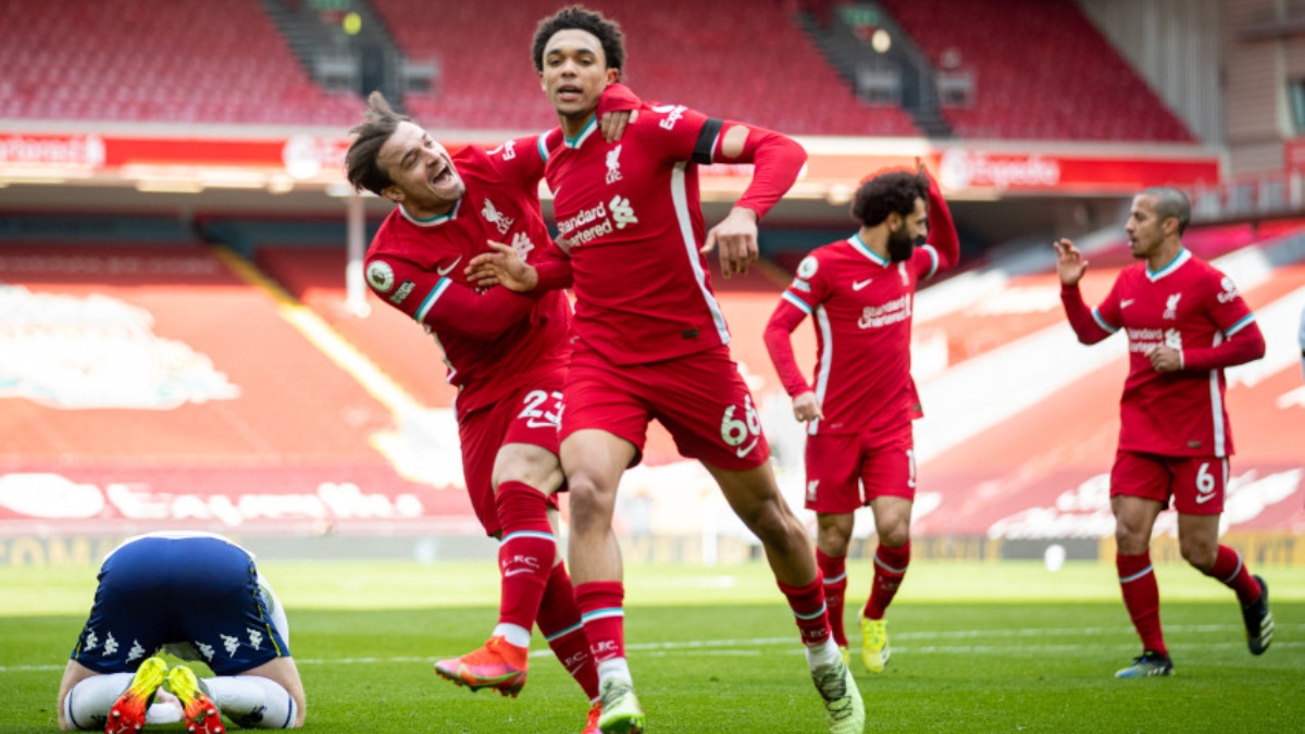 Liverpool defender Trent Alexander-Arnold (right) and forward Xherdan Shaqiri celebrate a goal against Aston Villa
