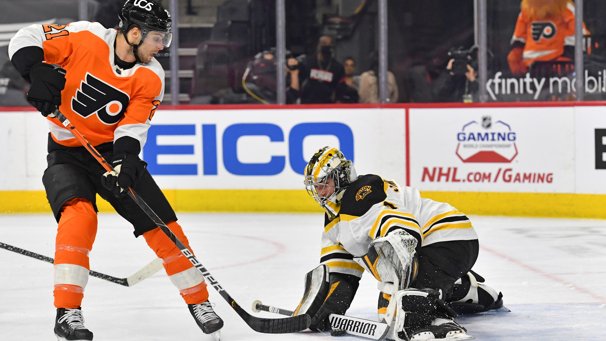 Boston Bruins goaltender Jeremy Swayman, Philadelphia Flyers winger Scott Laughton