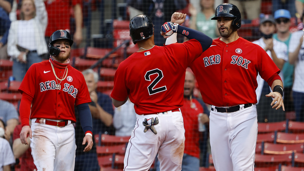 Boston Red Sox outfielder Alex Verdugo, shortstop Xander Bogaerts, designated hitter J.D. Martinez