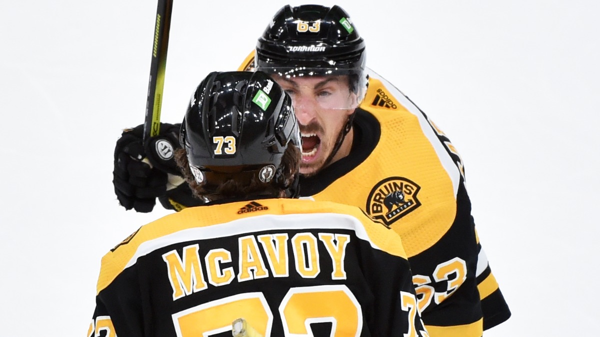 Boston Bruins Defenseman Charlie McAvoy, Forward Brad Marchand