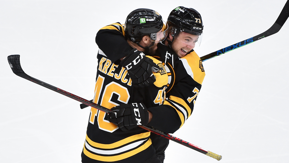 Boston Bruins defenseman Charlie McAvoy, center David Krejci