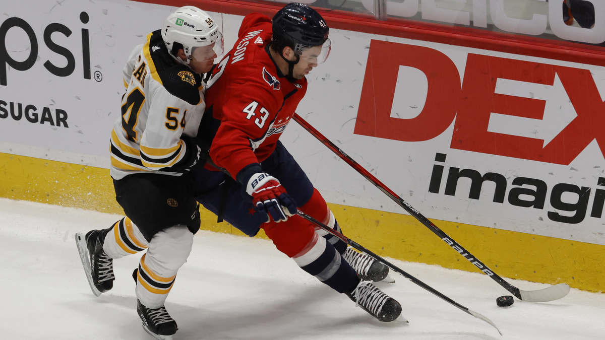 Boston Bruins defenseman Jack Ahcan, Washington Capitals winger Tom Wilson