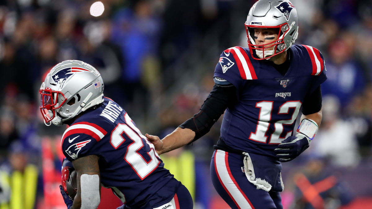 Patriots running back James White, Buccaneers quarterback Tom Brady