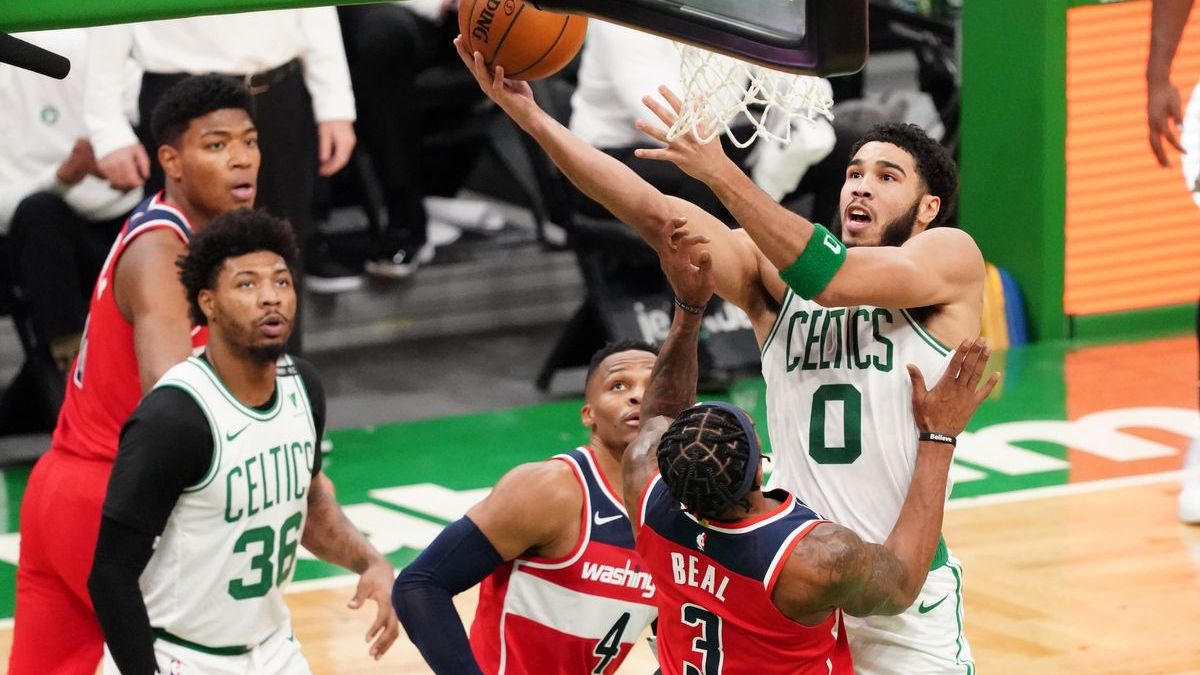 Boston Celtics forward Jayson Tatum, guard Marcus Smart, Washington Wizards guard Bradley Beal, Russell Westbrook