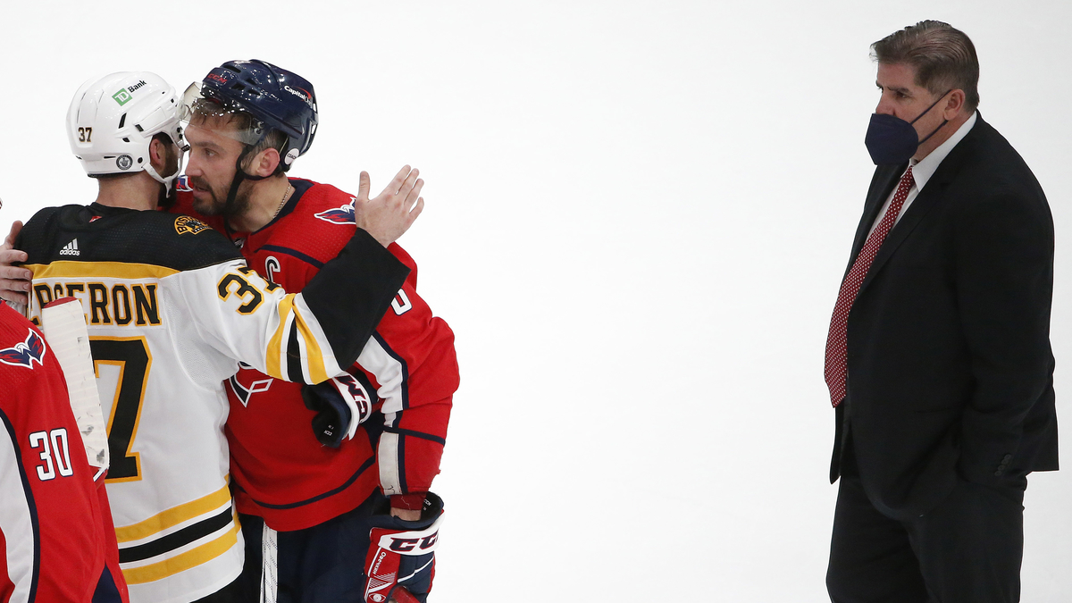 Boston Bruins captain Patrice Bergeron, Washington Capitals winger Alex Ovechkin, head coach Peter Laviolette