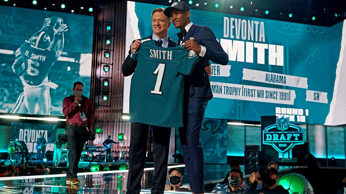 NFL commissioner Roger Goodell and Philadelphia Eagles wide receiver DeVonta Smith