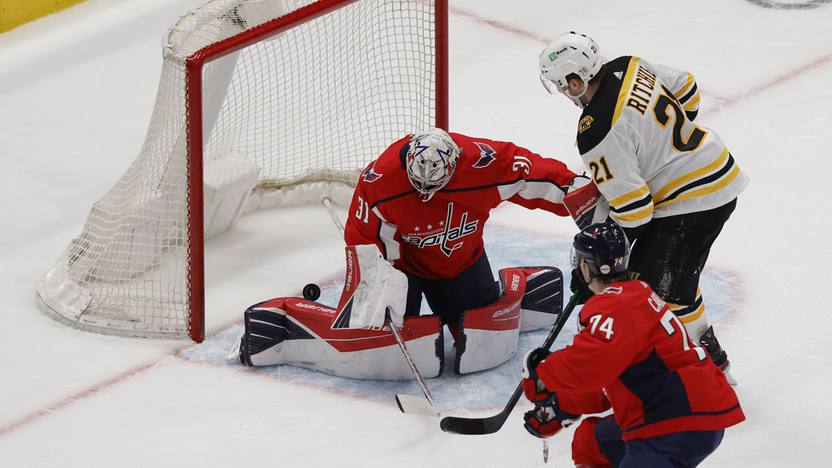 Washington Capitals goalie Craig Anderson and Boston Bruins forward Nick Ritchie