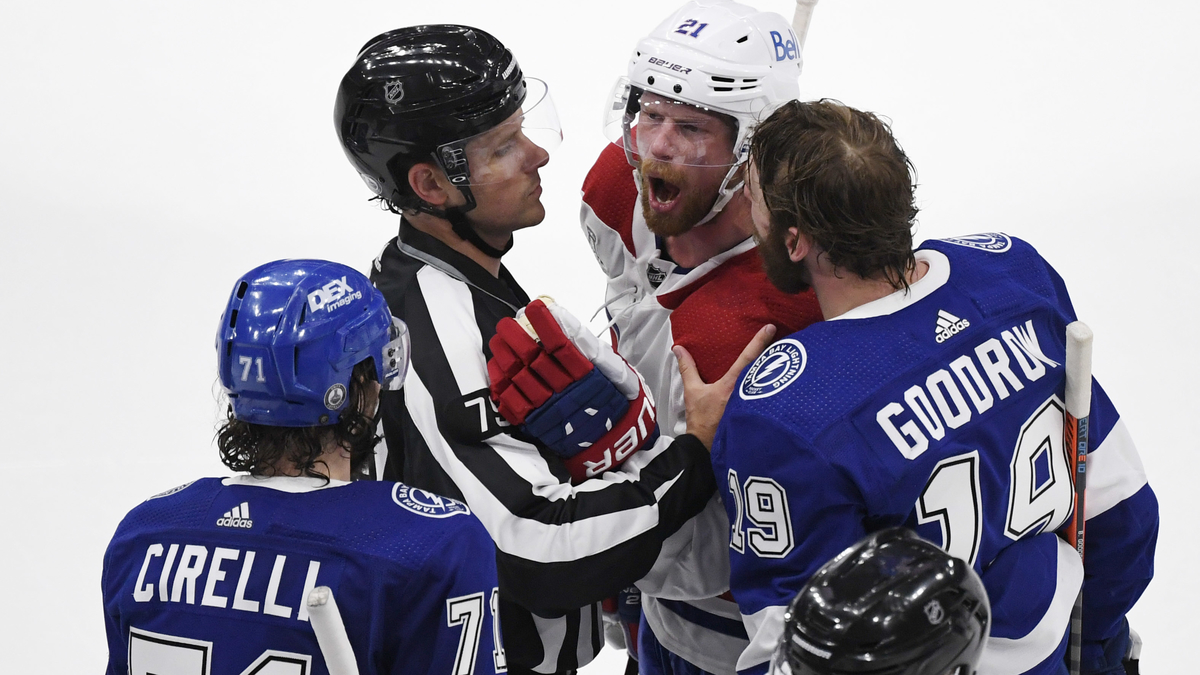 Montreal Canadiens center Eric Staal, Tampa Bay Lightning forwards Barclay Goodrow and Anthony Cirelli