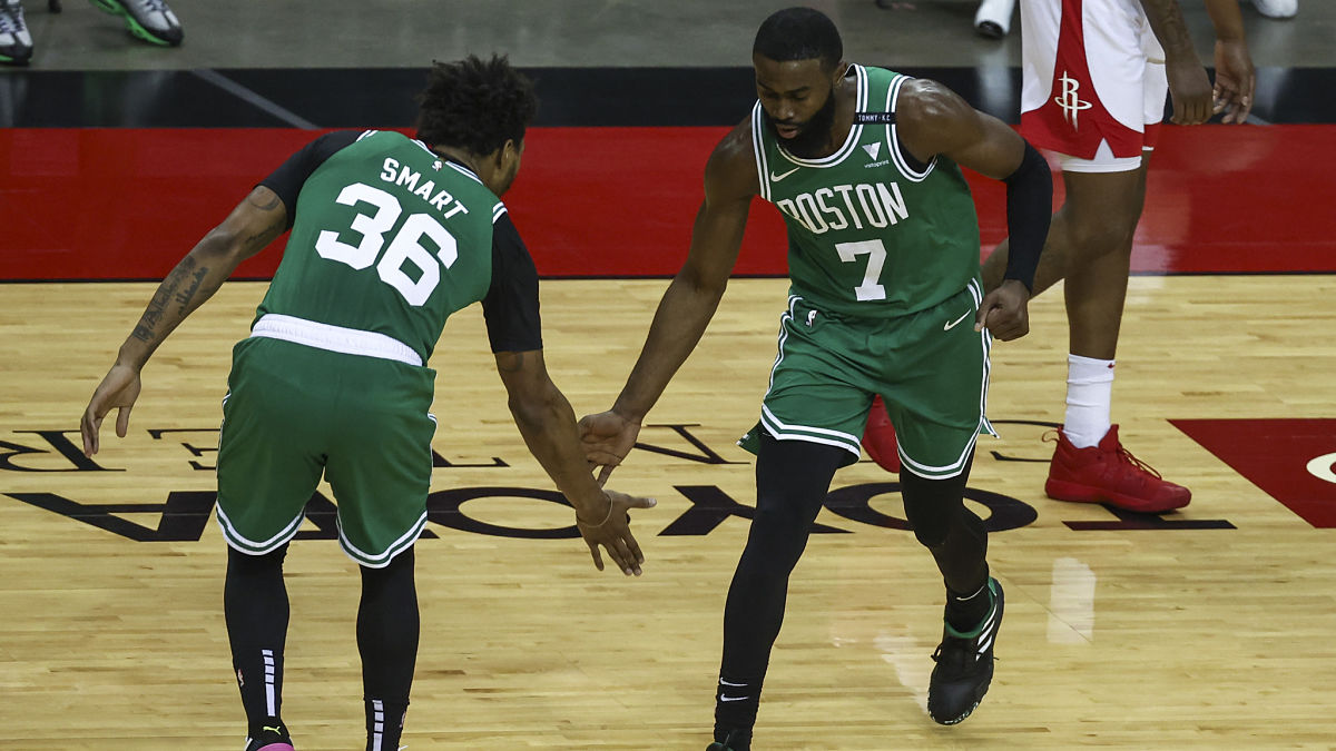 Boston Celtics guards Marcus Smart and Jaylen Brown