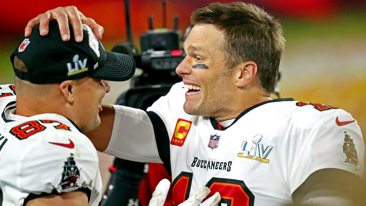 Tampa Bay Buccaneers tight end Rob Gronkowski and quarterback Tom Brady