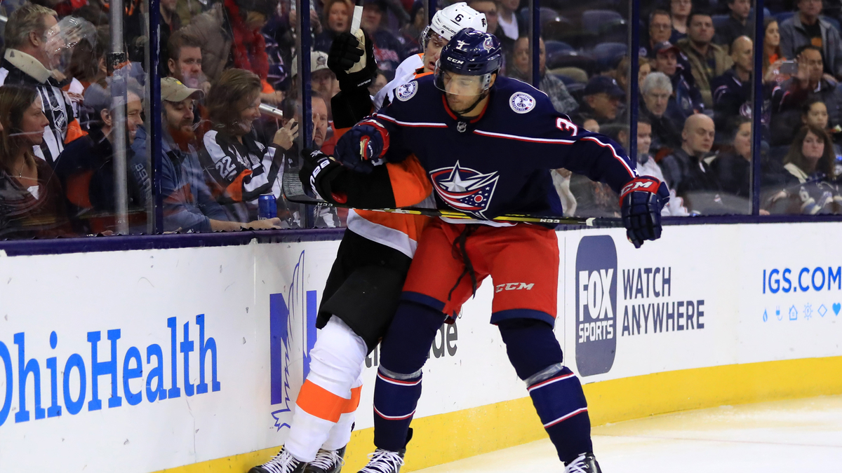 Columbus Blue Jackets defenseman Seth Jones, Philadelphia Flyers defenseman Travis Sanheim