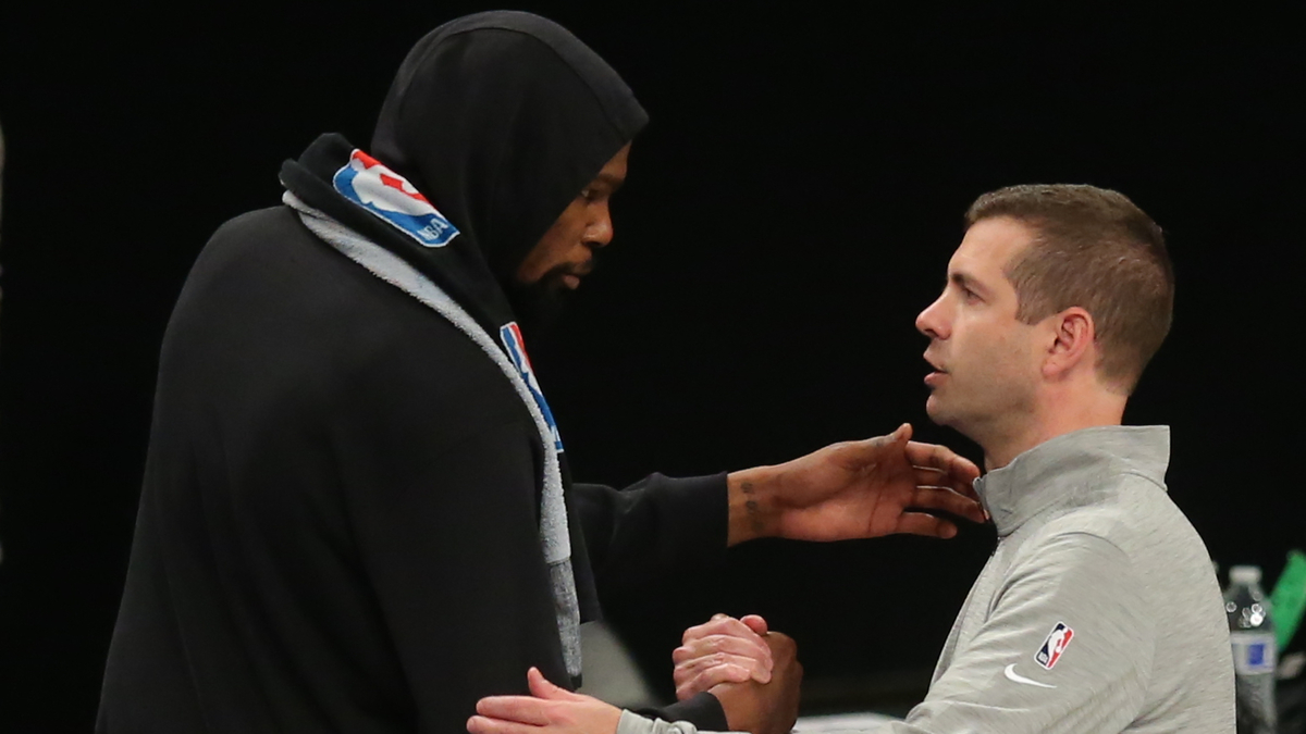 Brooklyn Nets power forward Kevin Durant, Boston Celtics head coach Brad Stevens