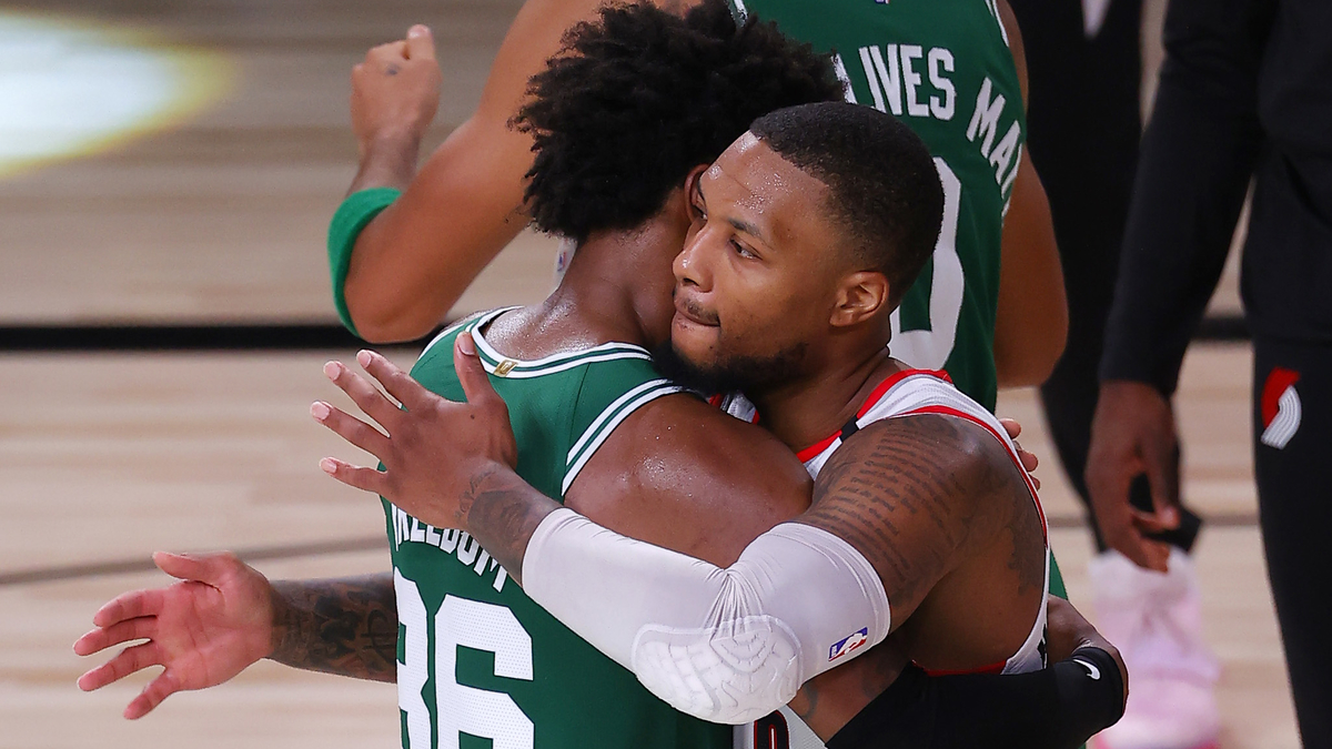Boston Celtics guard Marcus Smart, Portland Trail Blazers guard Damian Lillard