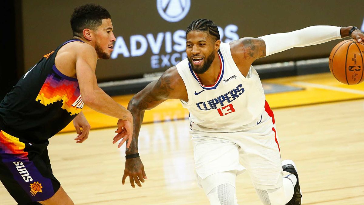 Phoenix Suns guard Devin Booker and Los Angeles Clippers forward Paul George