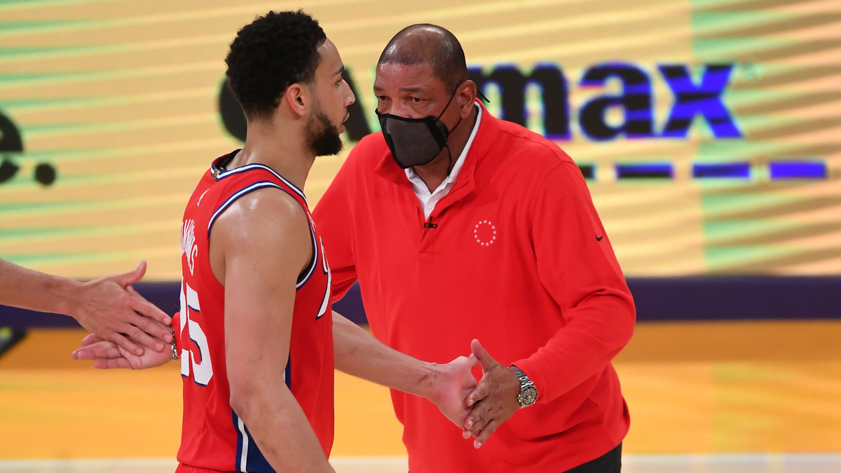 Philadelphia 76ers guard Ben Simmons, head coach Doc Rivers