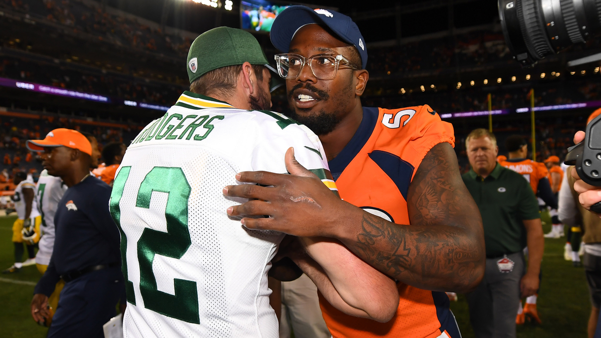 Green Bay Packers quarterback Aaron Rodgers, Denver Broncos linebacker Von Miller