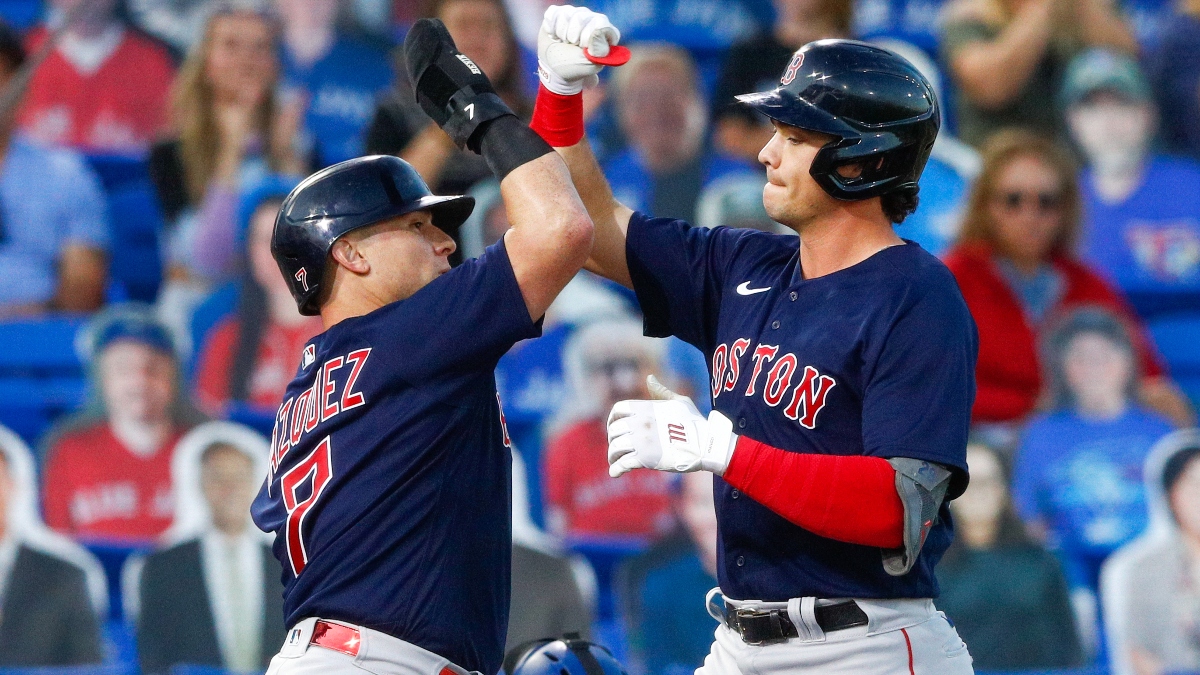 Boston Red Sox catcher Christian Vázquez (left) and first baseman Bobby Dalbec