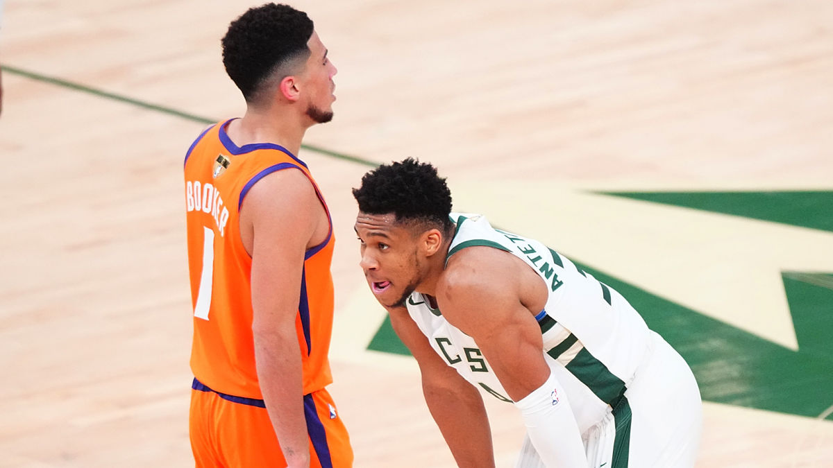 Phoenix Suns guard Devin Booker and Milwaukee Bucks forward Giannis Antetokounmpo