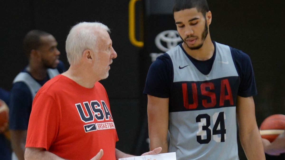 San Antonio Spurs coach Gregg Popovich, Boston Celtics forward Jayson Tatum