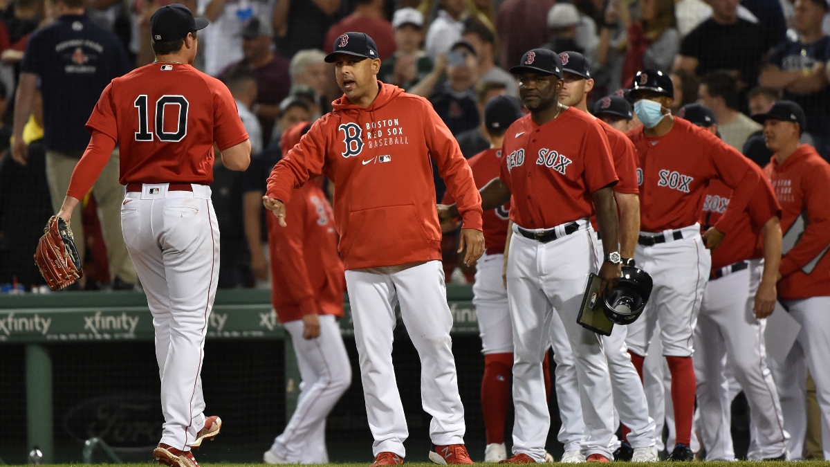 Boston Red Sox right fielder Hunter Renfroe (10) and manager Alex Cora
