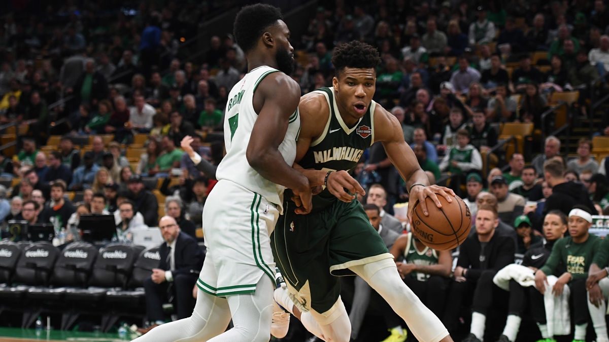 Milwaukee Bucks forward Giannis Antetokounmpo, Boston Celtics guard Jaylen Brown