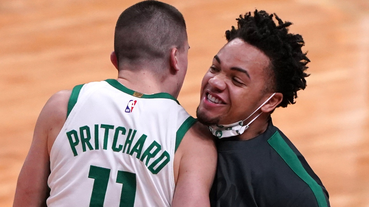 Boston Celtics guards Payton Pritchard (11) and Carsen Edwards (4)