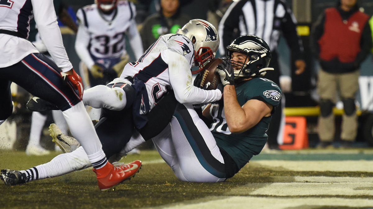 New England Patriots cornerback Jonathan Jones, Philadelphia Eagles tight end Dallas Goedert