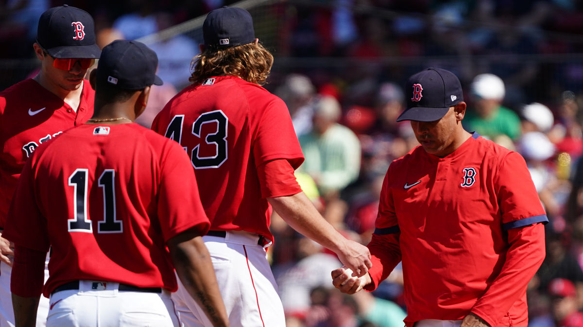 Boston Red Sox pitcher Garrett Richards and manager Alex Cora