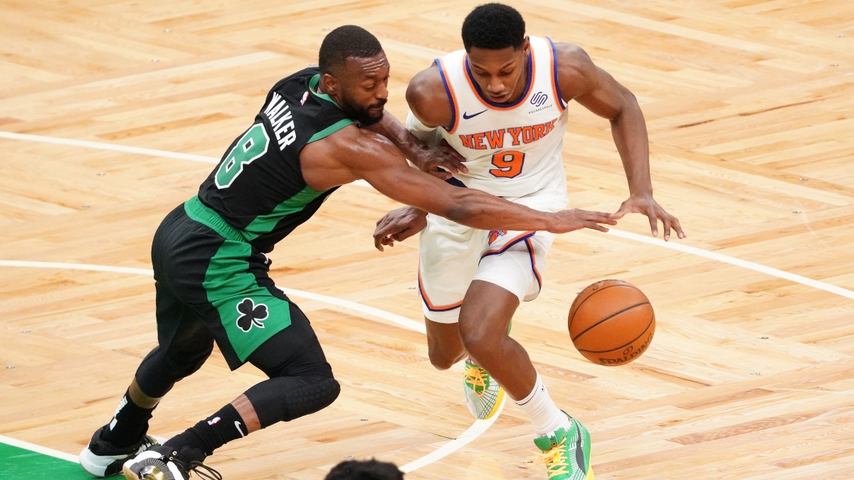 NBA free agent guard Kemba Walker (8) and New York Knicks guard RJ Barrett (9)