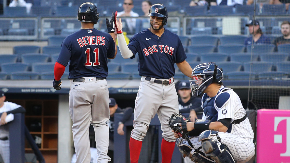 Boston Red Sox infielders Rafael Devers, Xander Bogaerts