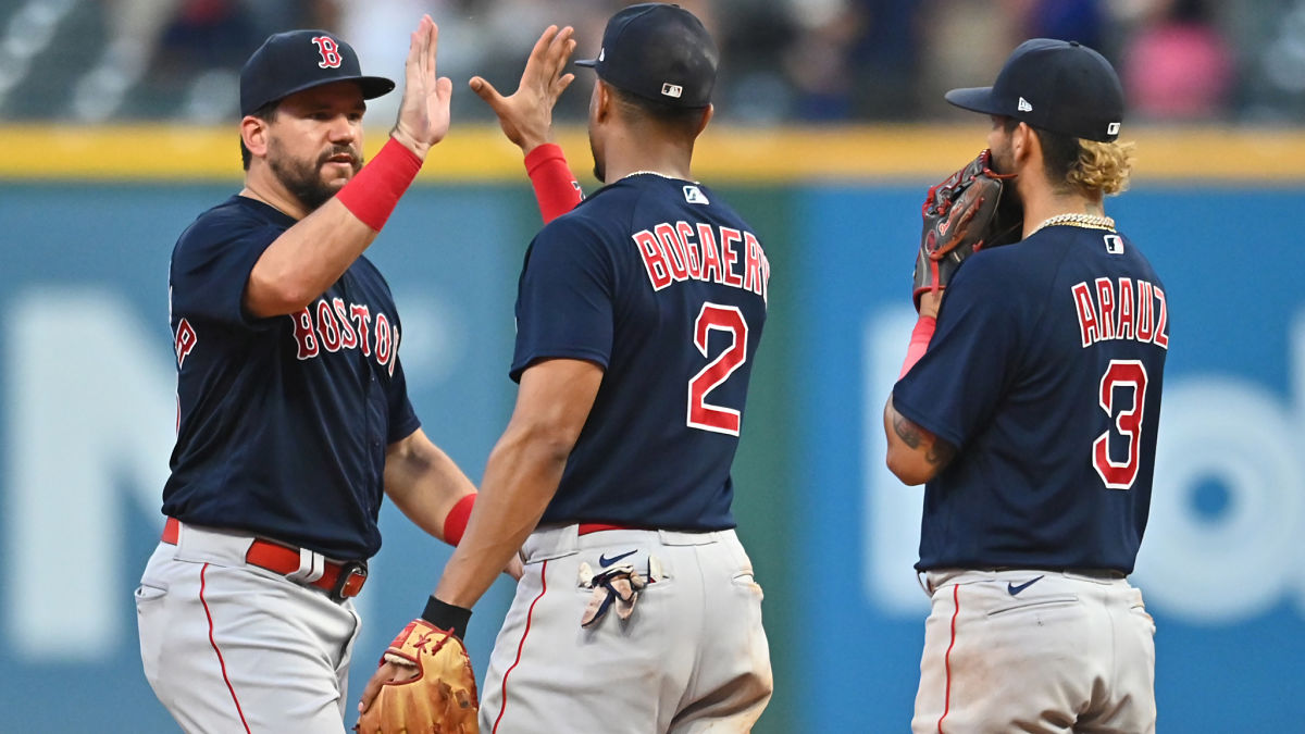 Boston Red Sox outfielder Kyle Schwarber, shortstop Xander Bogaerts and infielder Jonathan Arauz