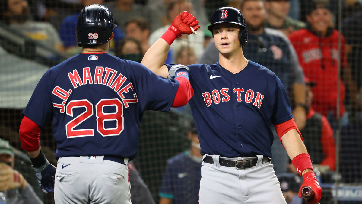 Boston Red Sox first baseman Bobby Dalbec, designated hitter J.D. Martinez