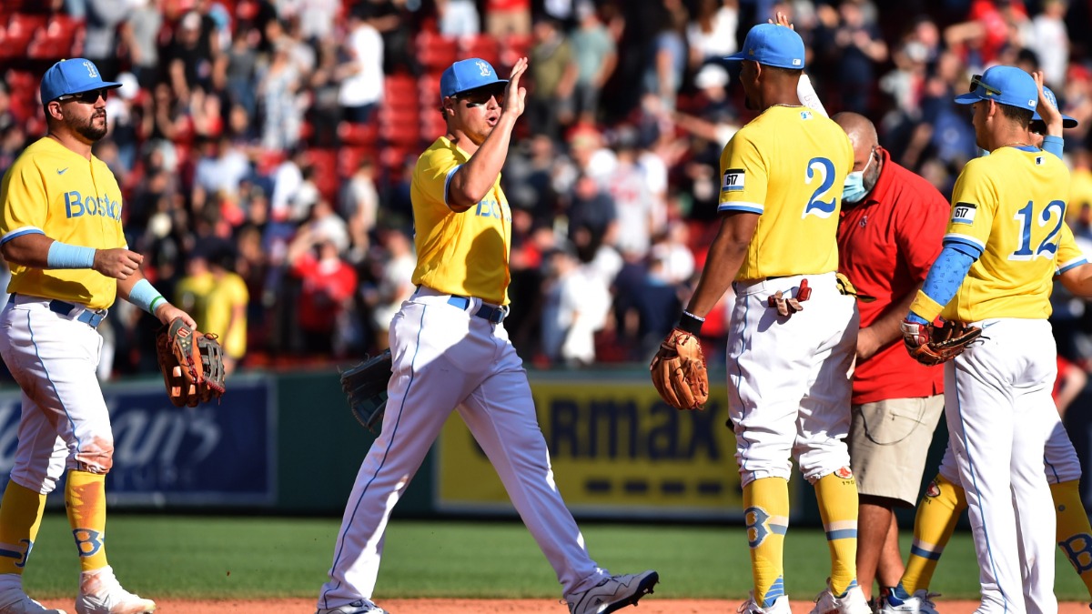 Boston Red Sox's Kyle Schwarber, Hunter Renfroe, Xander Bogaerts and Kiké Hernández