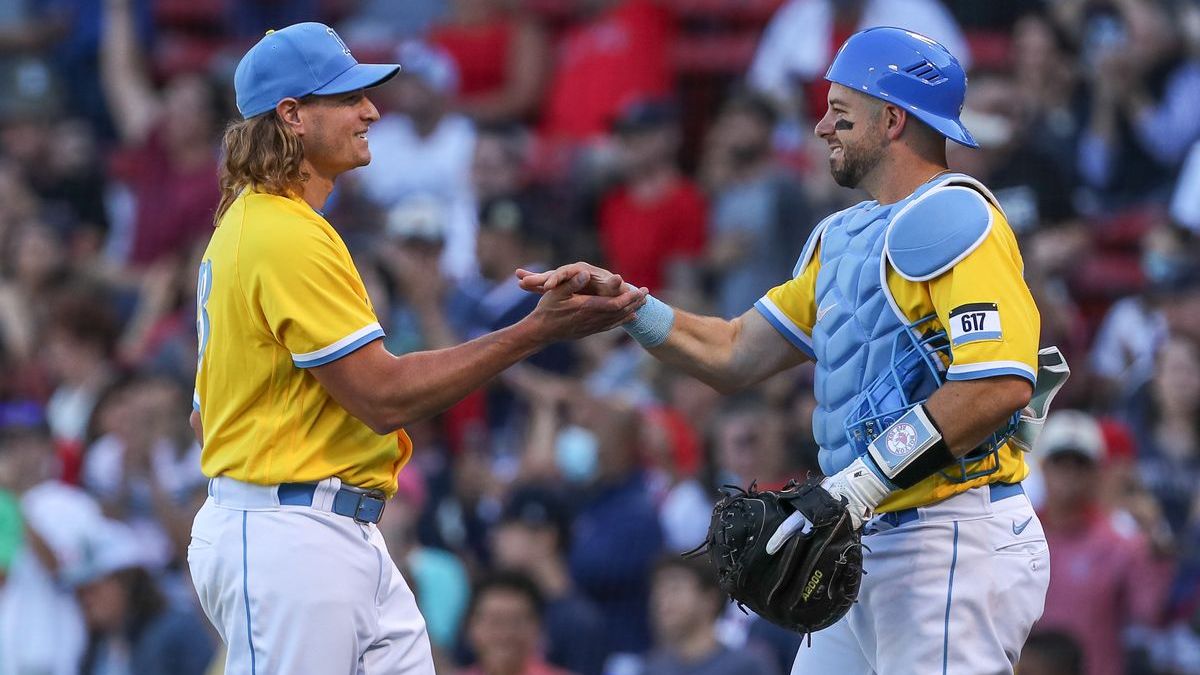 Boston Red Sox pitcher Garrett Richards, catcher Kevin Plawecki