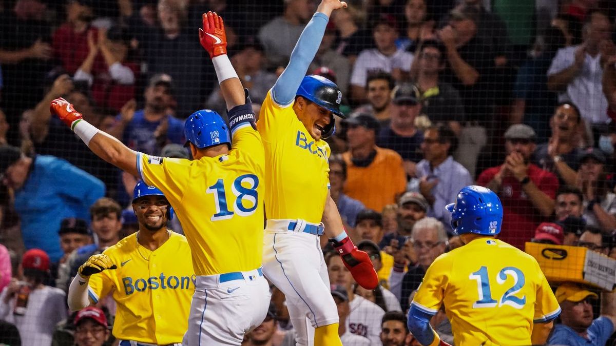 Boston Red Sox first baseman Kyle Schwarber, center fielder Kiké Hernández