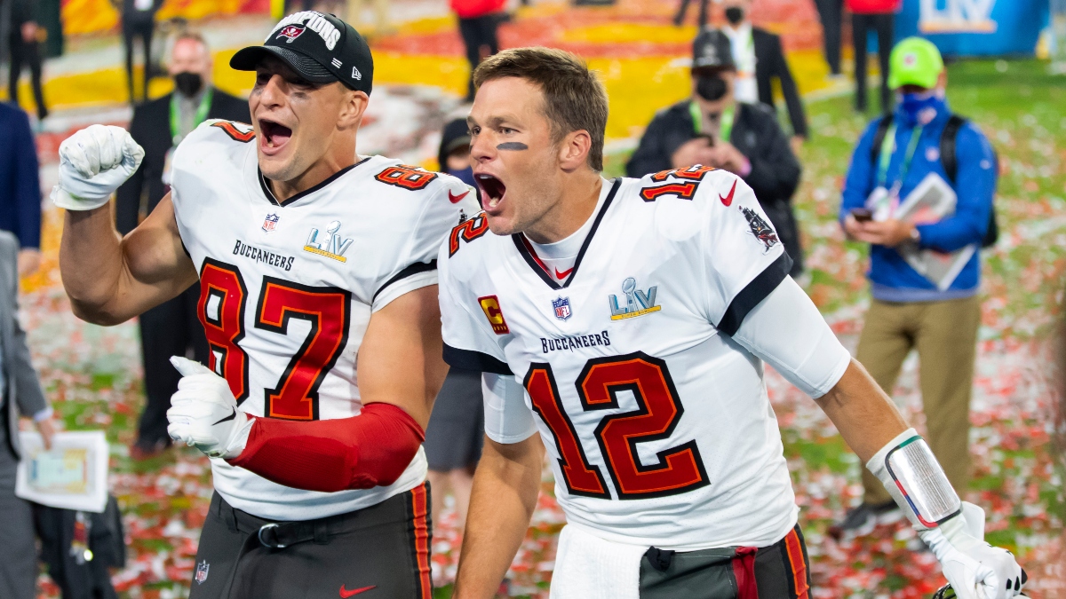 Tampa Bay Buccaneers quarterback Tom Brady (12) and tight end Rob Gronkowski (87)